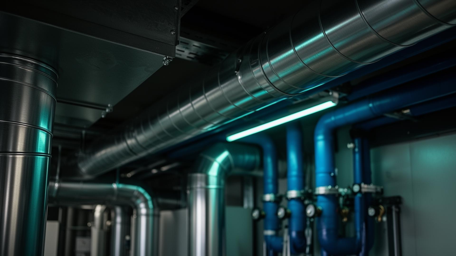 HVAC systems on Dubai commercial building rooftop with skyline